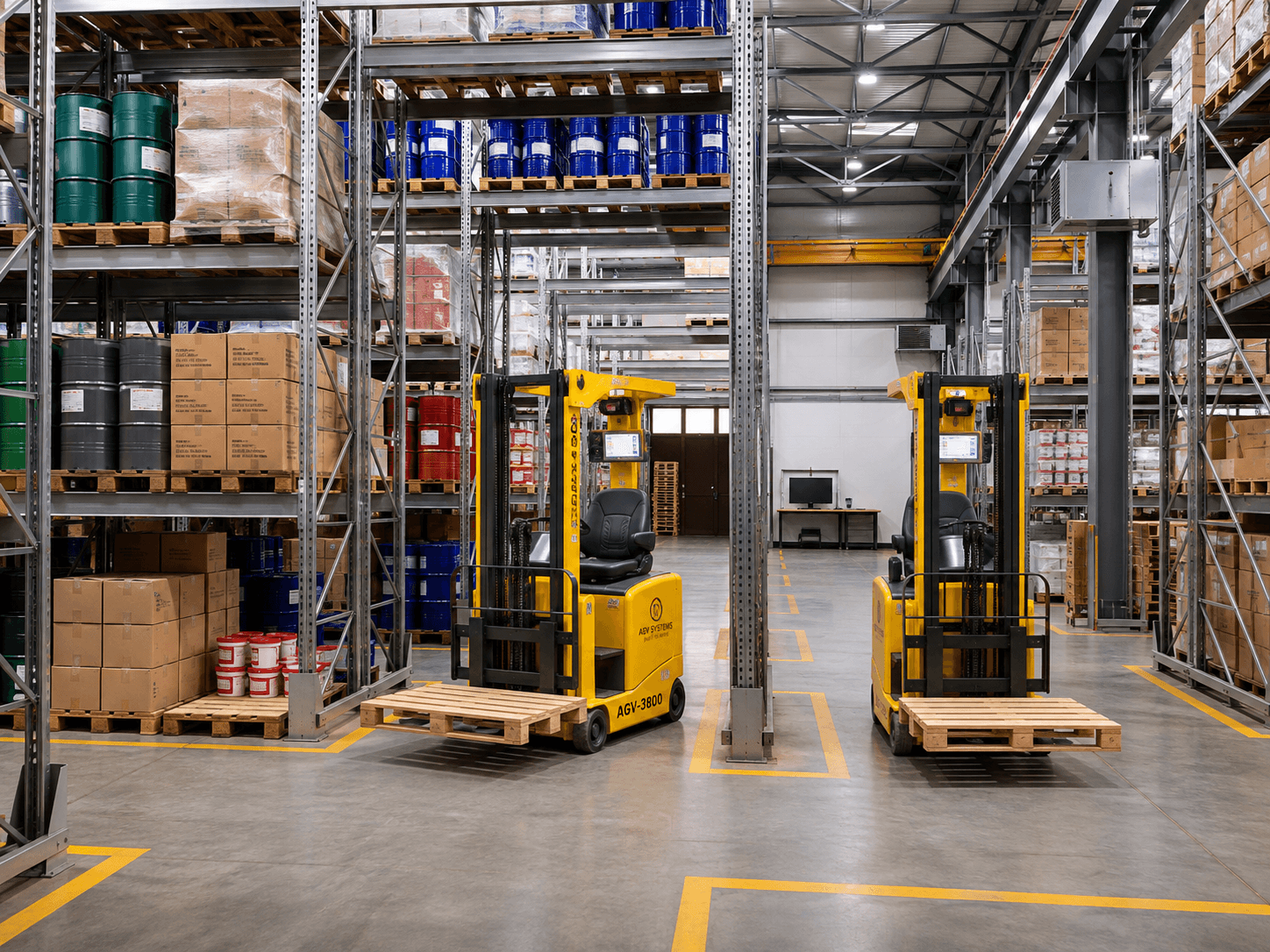 Warehouse racking with forklifts moving stock in organized aisles