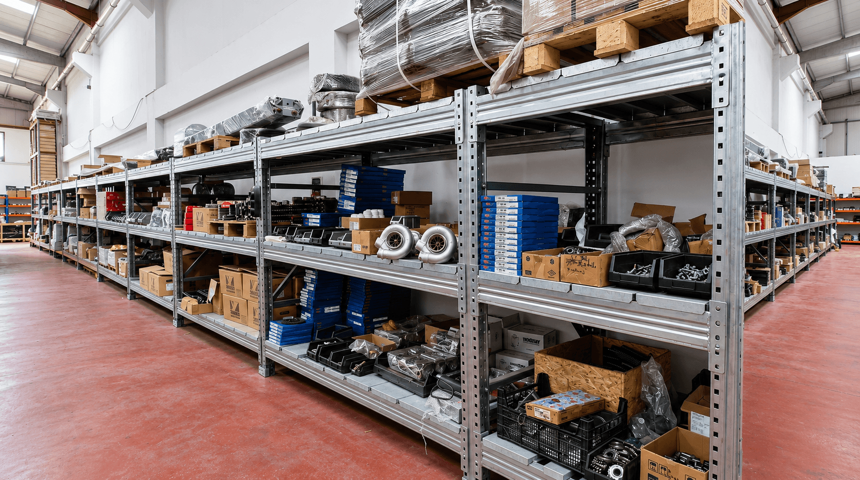 Warehouse racking with organized spare parts, turbochargers and filtration components