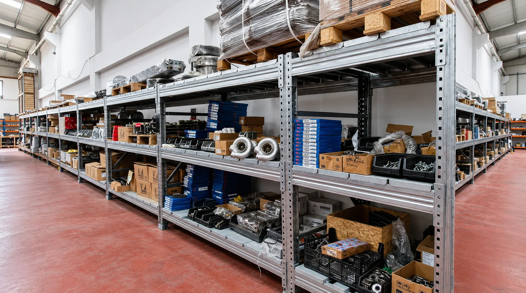 Warehouse racking with organized spare parts, turbochargers and filtration components